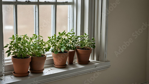 A pair of potted plants rest atop a windowsill beside a blinded window yellow flower and room landscape,