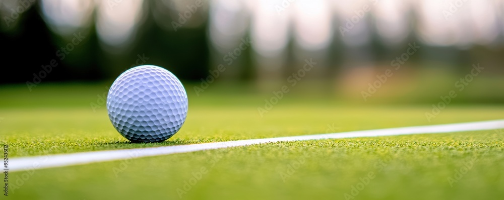 Golf ball on the edge of the green, just crossing the white line towards the hole. Golf ball on the edge of the green, just crossing the white line towards the hole.