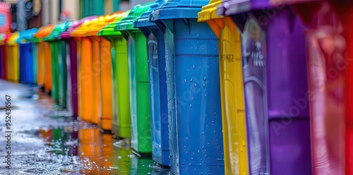 Colorful trash bins in the city. Colorful recycle bins in a row on city. Concept of recycling and environmental protection. Recycling concept.