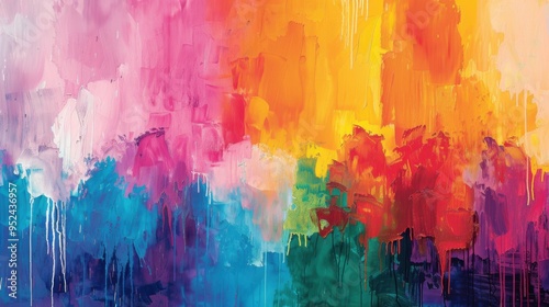 A vibrant abstract painting filled with bold, colorful brushstrokes, showcasing a dynamic mix of warm and cool tones.