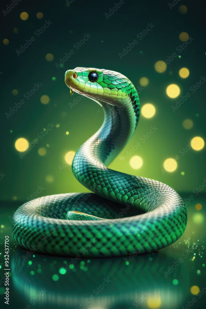 Green snake on the background of the lights with a bokeh effect for the design of cards and invitations for the Christmas holidays. Green snake on the background of the lights with a bokeh effect for the design of cards and invitations for the Christmas holidays.