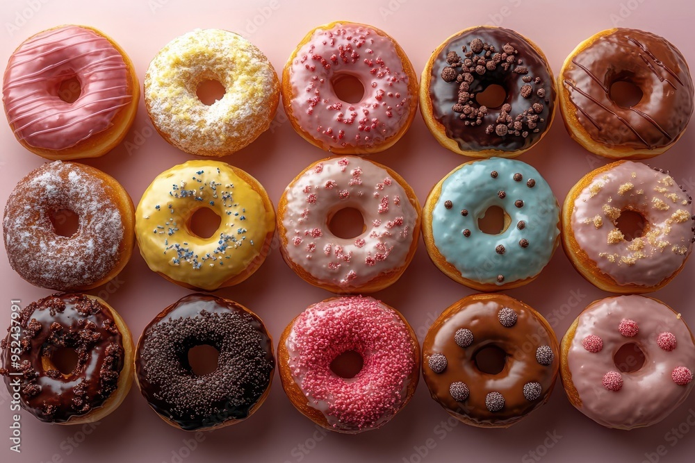 artfully arranged pastelcolored donuts in a geometric pattern soft pink background overhead view showcasing variety of glazes and toppings