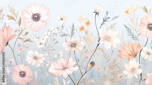 A hand-drawn floral pattern showcasing delicate daisies and peonies in soft pastel hues photo