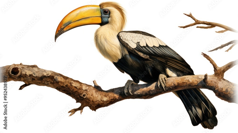 Fototapeta premium A Hornbill perched on a branch, its watchful gaze fixed on the viewer, conveying a sense of intelligence and curiosity