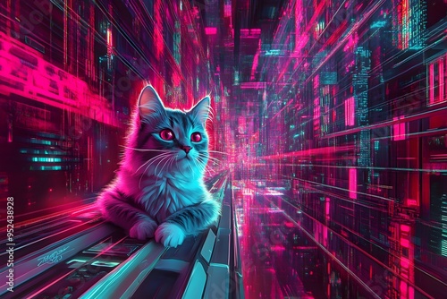 Feline Voyager Navigates Kaleidoscopic Metropolis of Towering Digital Structures with Vibrant Neon Accents