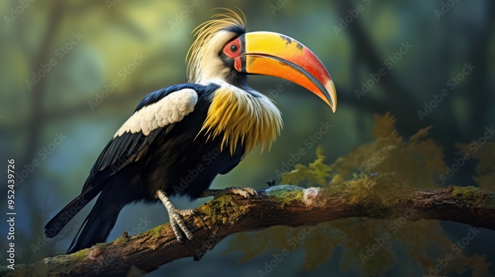 Fototapeta premium A majestic Great Hornbill perched on a branch, its colorful casque and long tail feathers flowing in the wind.