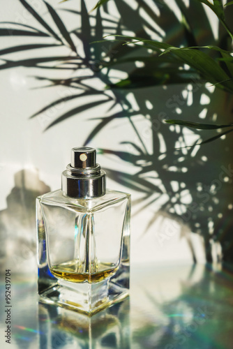 Glass Perfume Bottle with Plant Shadows on Reflective Surface