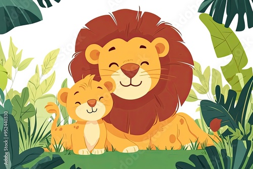 Cute cartoon lion and cub characters jungle animals, cartoon vector illustration for children photo