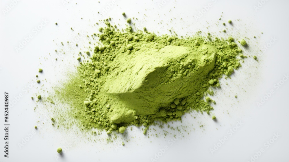 A matcha powder gradient, its subtle transitions of green hues ranging from light to dark, showcased against a stark white background A matcha powder gradient, its subtle transitions of green hues ranging from light to dark, showcased against a stark white background