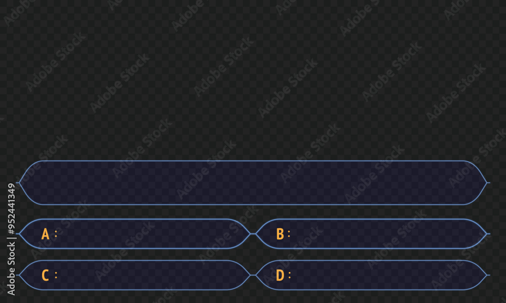 Question and answers template from TV game. Test and quiz concept. Quiz game in tv. Transparent background and colour UI elements. Four answers for knowledge exam.