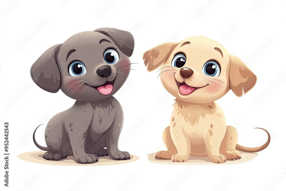 Fototapeta premium Cute cartoon mouse and pup characters house pets, cartoon vector illustration for children