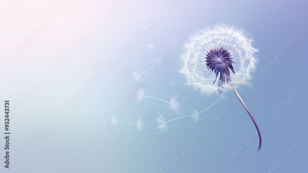 Fototapeta premium A minimalist line art drawing of a dandelion seed, its delicate form captured in simple, elegant strokes, against a backdrop of soft blue and purple washes