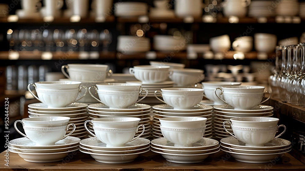 A display of white porcelain teacups and saucers stacked neatly on a wooden shelf in a store. A display of white porcelain teacups and saucers stacked neatly on a wooden shelf in a store.