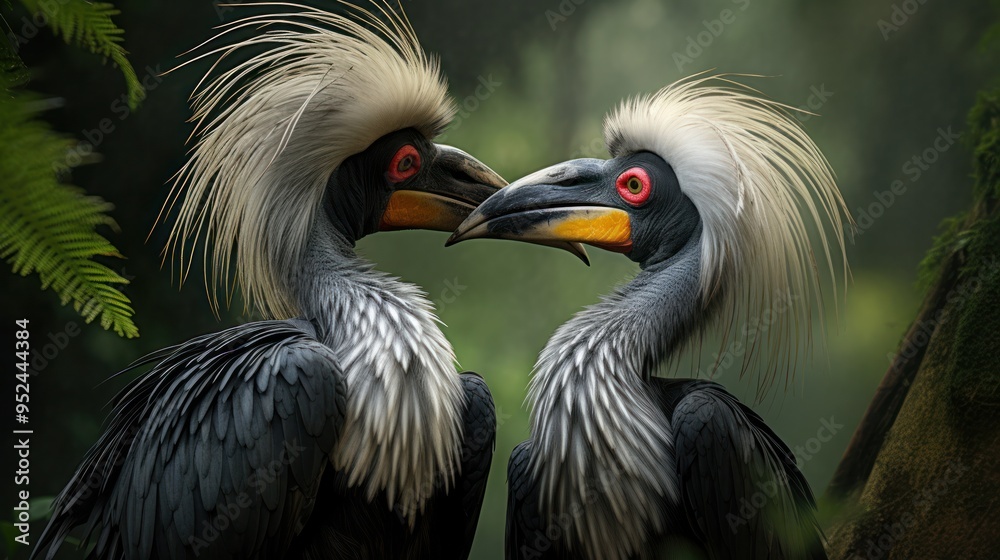 Fototapeta premium A pair of Grey Hornbills grooming each other, their affectionate behavior demonstrating their deep connection.