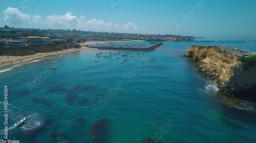 Aerial view of a coastal harbor with sailboats and a pier.