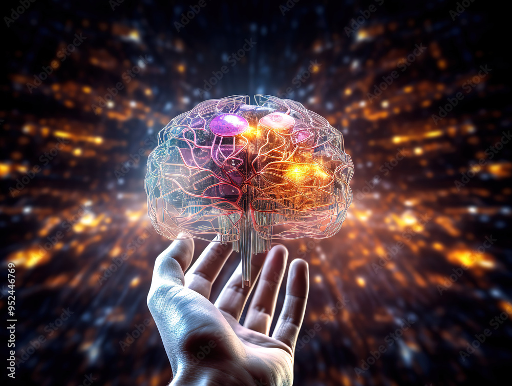Human hand holding a neural network brain of AI on learning analysis ...