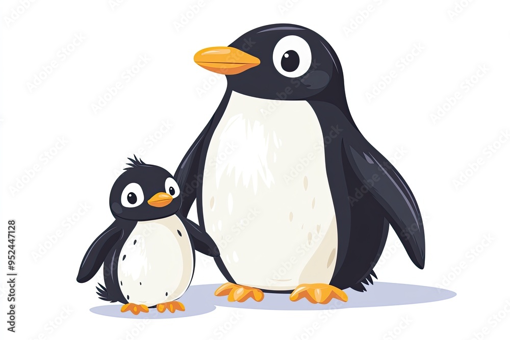 Obraz premium Cute cartoon penguin and chick characters polar animals, cartoon vector illustration for children 