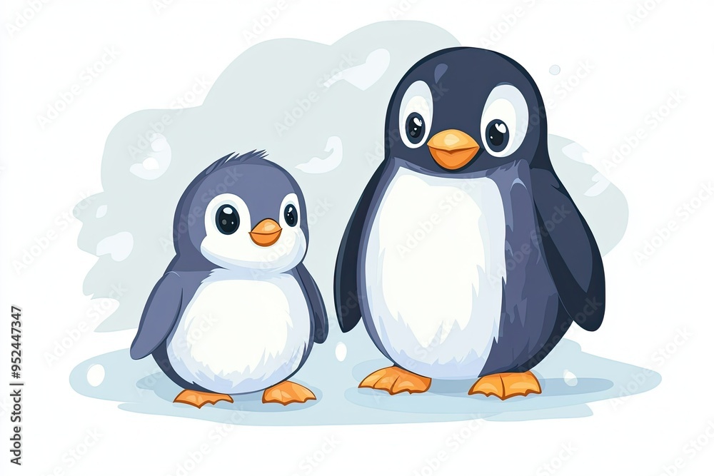 Obraz premium Cute cartoon penguin and chick characters polar animals, cartoon vector illustration for children 