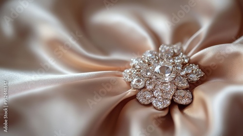 A close-up of a diamond brooch on a satin gown, capturing the elegance and sophistication of fine jewelry