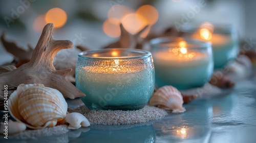 coastalinspired votive candles in sea glass jars arranged with weathered driftwood seashells and sand soft warm glow creates cozy ambiance photo