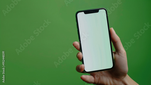 perspective view close-up hand holding empty screen smartphone on green background