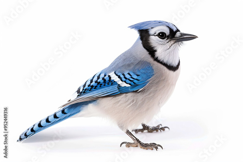 a blue and white bird standing on a white surface