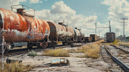 Rusty train cars rest on tracks in an industrial rail yard under a bright blue sky dotted with clouds, with overgrown grass and scattered debris creating a gritty atmosphere.