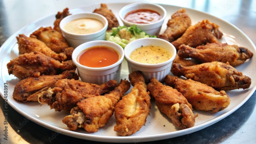 Fototapeta premium Crispy Fried Chicken Wings with Dipping Sauces