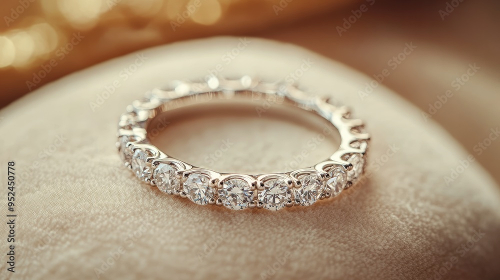 A diamond eternity band on a soft cushion, symbolizing everlasting love and commitment in a relationship A diamond eternity band on a soft cushion, symbolizing everlasting love and commitment in a relationship