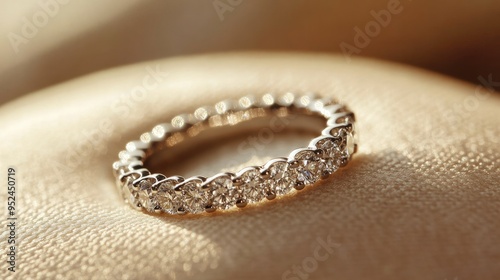 A diamond eternity band on a soft cushion, symbolizing everlasting love and commitment in a relationship