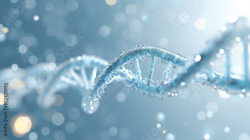 A blue DNA strand with a lot of water droplets on it