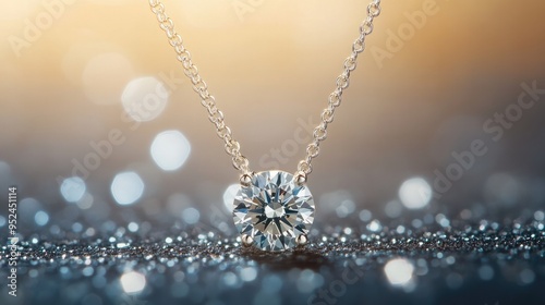 A diamond pendant necklace on a soft background, highlighting the gem brilliance and the elegance of the design