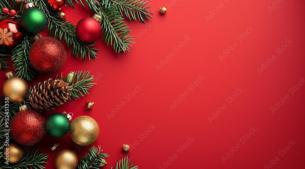 Festive Christmas Background with Red and Gold Ornaments, Pine Branches, and Candy Cane on Red Backdrop with Space for Text, Featuring Sparkling Lights and Holiday Decorations Festive Christmas Background with Red and Gold Ornaments, Pine Branches, and Candy Cane on Red Backdrop with Space for Text, Featuring Sparkling Lights and Holiday Decorations