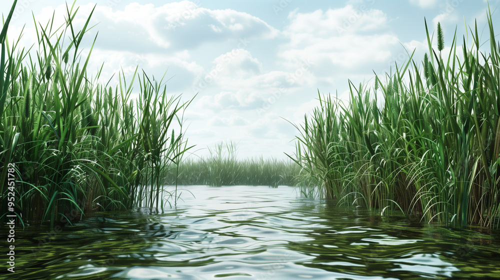 Fototapeta premium Peaceful wetland scene with tall green grass lining the water on a sunny day with a bright blue sky and scattered clouds.