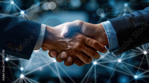 Close up of business man shaking hands against technology background, leader, teamwork, target, Aim, confident, achievement, goal, on plan, finish, generate by AI