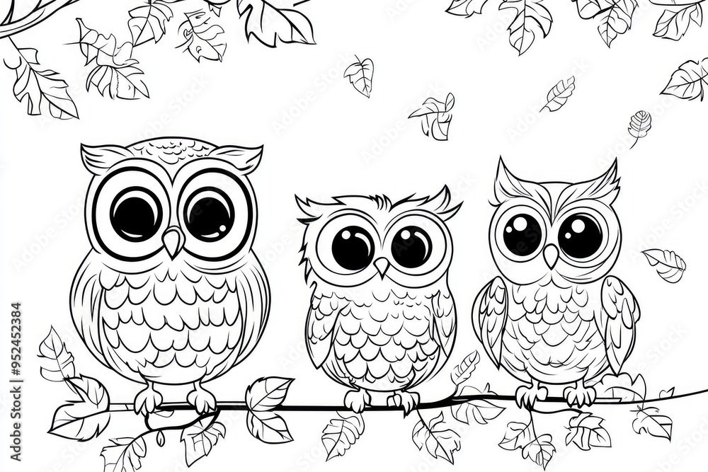 Fototapeta premium Delightful owl family coloring page for children featuring adorable owlets perched on a branch surrounded by whimsical leaves