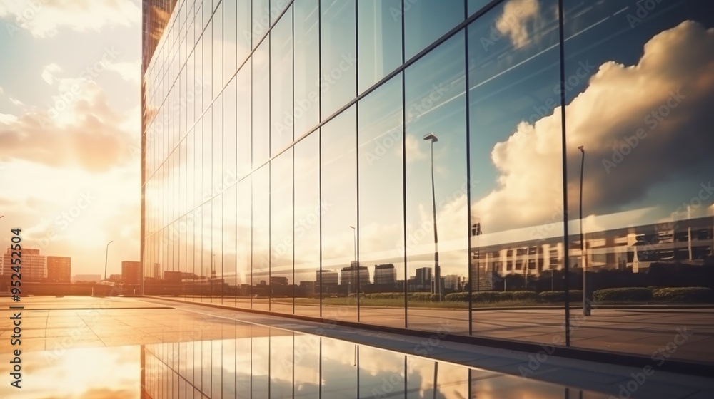 Obraz premium Modern office building or business center. High-rise window buildings made of glass reflect the clouds and the sunlight. empty street outside wall modernity civilization. growing up business