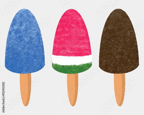 Three watercolor fruit popsicle ice cream set isolated on white. Summer colorful sundae, gelato background. Tasty cute appetizing various food collection. Realistic ice creams modern design flat style