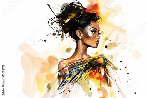 Beautiful fashionable young African American woman in an evening gown. Fashion sketch illustration style.