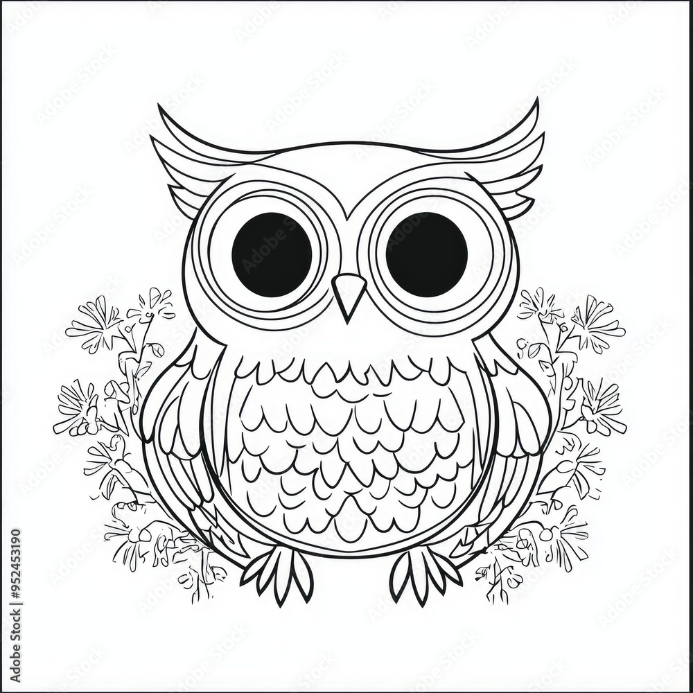 Fototapeta premium Enchanting owl coloring page designed for toddlers, featuring a charming owl surrounded by playful floral elements for a delightful creative activity