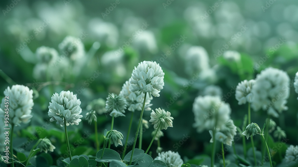 A serene field of blossoming white clover flowers bathed in natural light, evoking tranquility and peace. A serene field of blossoming white clover flowers bathed in natural light, evoking tranquility and peace.