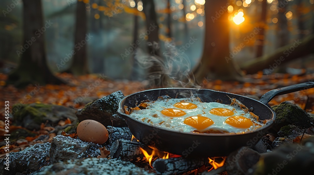 A cozy morning at the campsite with a couple cooking breakfast, the smell of sizzling eggs and fresh ingredients filling the air, with the warm light of dawn creating a peaceful and inviting scene, A cozy morning at the campsite with a couple cooking breakfast, the smell of sizzling eggs and fresh ingredients filling the air, with the warm light of dawn creating a peaceful and inviting scene,