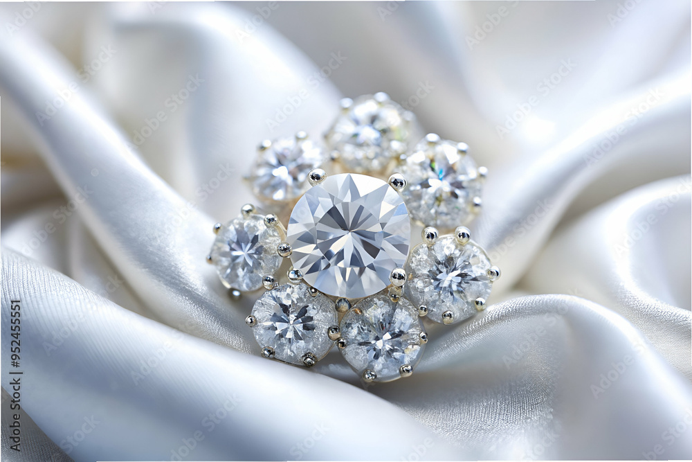 A diamond ring with a white background. The cloth is smooth and shiny A diamond ring with a white background. The cloth is smooth and shiny