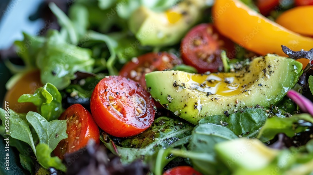 A close-up of a colorful salad with mixed greens, avocado, cherry tomatoes, and a light vinaigrette dressing