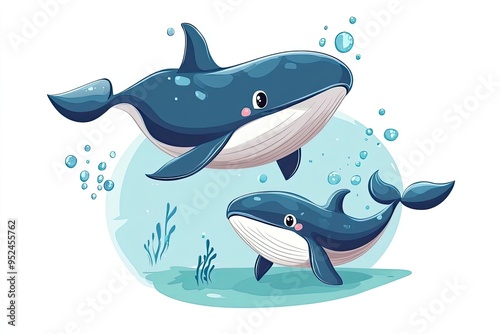 Cute cartoon whale and calf characters marine animals, cartoon vector illustration for children