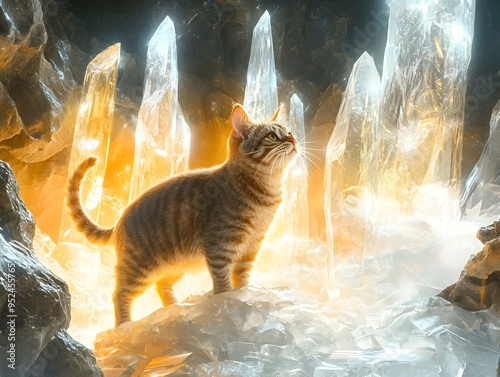 Feline s Ethereal Crystal Adventure Amidst Captivating Gravity Defying Structures photo