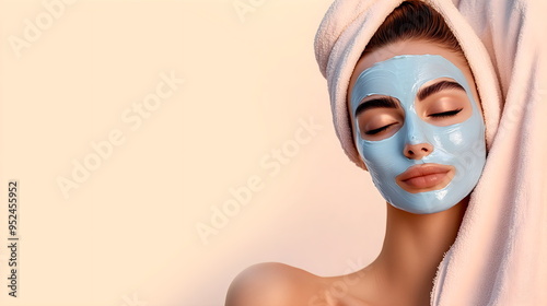 Beautiful young girl with blue clay face mask smiling and drinking champagne. Facial skin care products. Natural beauty and cosmetic concept. Banner with copy space