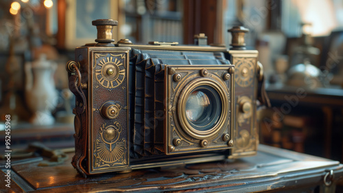 camera in a vintage style, brass and wood materials, intricate engravings, displayed on an antique wooden table with soft,