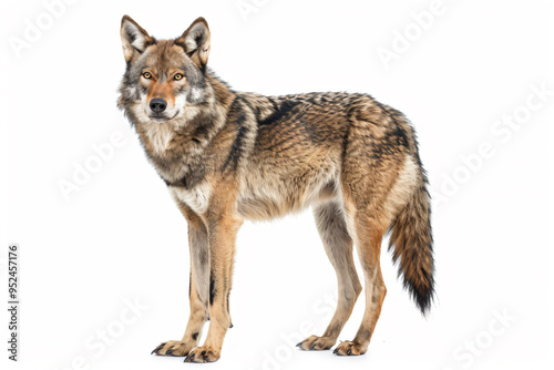 a wolf standing in the snow looking at the camera