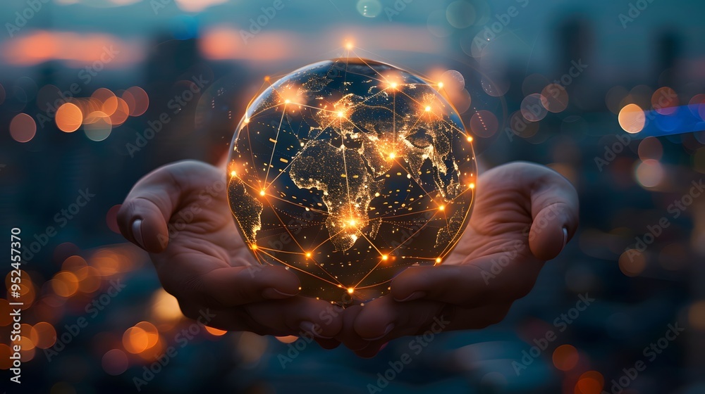 Fototapeta premium Businessman hands holding glowing abstract network communication digital earth futuristic global technology background, connected world, IoT Internet of Things
